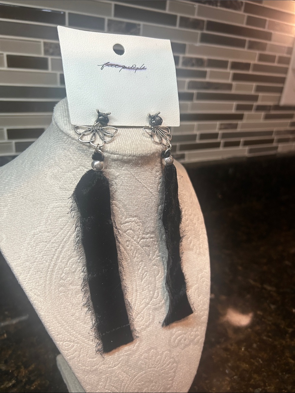 Free People Black Tassel Floral Drop Earrings - Picture 5 of 6